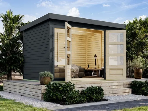 Karibu Gartenhaus Hybridgartenhaus Hera 4 19 mm anthrazit - Praktisches Gartenhaus im Steck- und Schraubsystem, ideal als Geräteunterstand oder Hobbyraum. Mit 19 mm Wandstärke aus langlebigem Fichtenholz und elegantem Pultdach. Sofort wettergeschützt in ansprechendem Anthrazit.