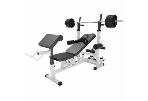 GORILLA SPORTS Kraftstation inkl. Hantelset 100kg – Multifunktionale Hantelbank für Zuhause - Fitness-Station für effektives Ganzkörpertraining, inklusive 100kg Hantelset. Robuste Konstruktion und verstellbare Elemente für individuelles Training in elegantem Weiß/Schwarz.