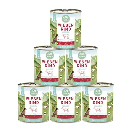 naftie Bio Hundefutter Wiesen Rind - Premium Nassfutter Menü mit Rindfleisch & Kartoffeln - getreidefrei glutenfrei - purinarm - 6X 800g Dosen