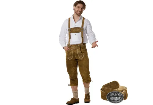 dressforfun Trachtenhose Edle Lange Lederhose mit Traditionellen Stickereien - Herrenhose Jakob in Olivbraun - Hochwertige Trachtenhose aus robustem Leder mit traditionellem Design. Inklusive verstellbaren Hosenträgern und Gürtel für optimalen Sitz. Ideal für Volksfeste und besondere Anlässe.