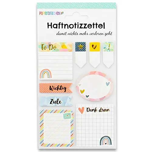 Papierdrachen Bullet Journal Sticky Notes - Regenbogen - 9 verschiedene Blöcke Haftnotizen | Klebezettel | To do Wochenübersicht | viele hilfreiche Notizzettel für dein Notizbuch - Set 1