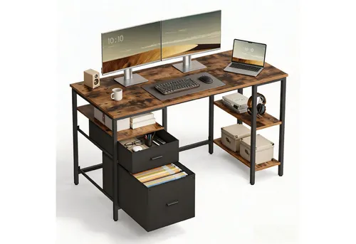 VASAGLE Schreibtisch mit 3 Ablagen und 2 Schubladen, modern in Braun/Schwarz - Vielseitiger Bürotisch im modernen Stil mit großzügigen Ablagen für optimale Organisation. Flexibel montierbare Schubladen und einfach aufzubauen – ideal für produktives Arbeiten in jedem Raum.