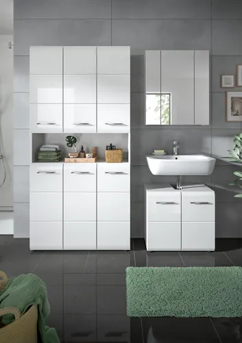 Badezimmer-Set >Ice< in Weiß / Weiß Hochglanz - 165x185x30cm - Elegante 3-teilige Badkombination mit Stauraumschrank, Waschbeckenunterschrank und Spiegelschrank. Kompakt und stilvoll, ideal für Ihre Aufbewahrungsbedürfnisse. Hochwertige MDF-Front für zeitgemäßes Design.