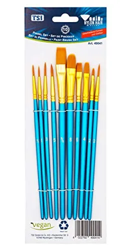 TSI Nylonpinsel-Set 10-teilig, mit den Größen 1,2,2/0,3,5 (Rundpinsel) - 2,8 (Katzenzungenpinsel) - 4,6,5/8 (Flachpinsel), Art.Nr. 49041