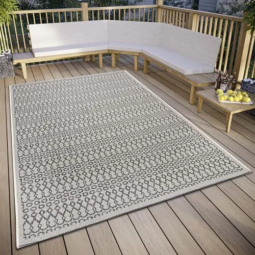 Hanse Home Vanti In- & Outdoor Teppich Wetterfest – Modernes Muster, Wasserfest robuster Aussenteppich Flachgewebe für Garten, Balkon, Terrasse, Wohnzimmer – Beige Grau, 76x150cm