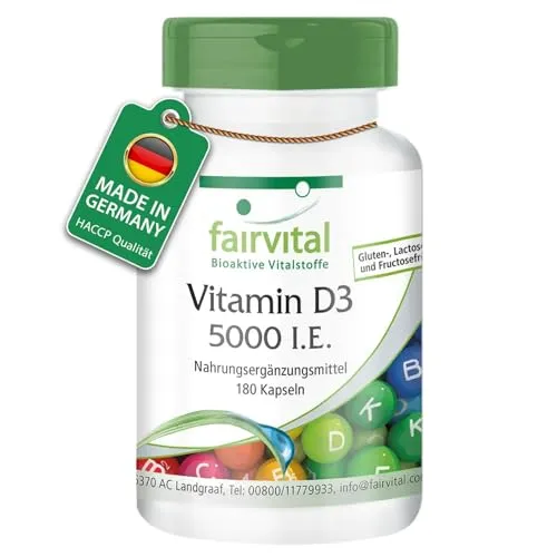 fairvital Vitamin D3 5000 I.E, 180 Kapseln, HOCHDOSIERT, alle 5 Tage 1 Kapsel, Cholecalciferol