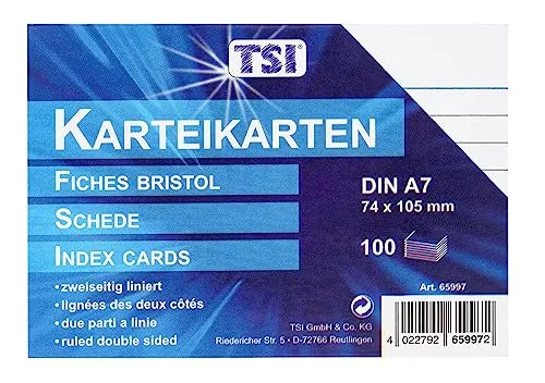TSI Karteikarten weiß - 100er Packung, liniert, DIN A7 (105 x 74 mm), stabiler 170g Karton für vielseitige Anwendungen