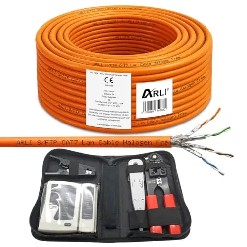 ARLI CAT 7 Verlegekabel 100m mit Werkzeug Set - Cat-7-Ethernetkabel für schnelle Datenübertragung, inklusive Crimpzange, LSA Werkzeug und Tester für einfache Installation und zuverlässige Verbindungen.
