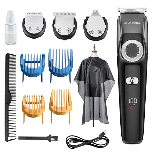 BarberBoss 3-in-1-Haar-, Bart- und Detailschneider, Haarschneider für Herren, Gesichtspflegeset, Präzisionsknopf, 4 Kämme, USB-aufladbar, LED-Licht, 100% wasserdicht, QR-6086