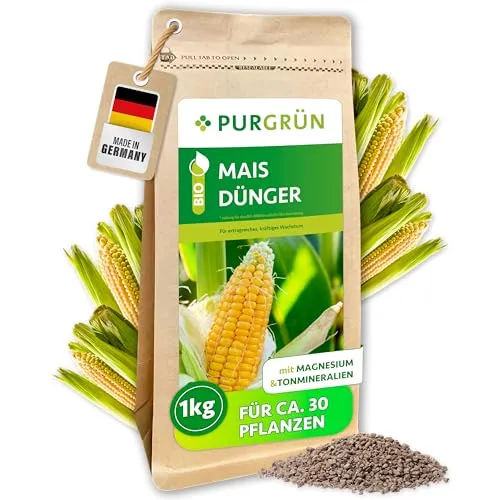 Purgrün Bio Mais Dünger, NPK 6+3+8, 1 kg - Bio-Gemüsedünger für kräftiges Wachstum, ideal für Maispflanzen. Enthält 2% Magnesium und fördert die Humusbildung für gesunde Böden und hohe Erträge.