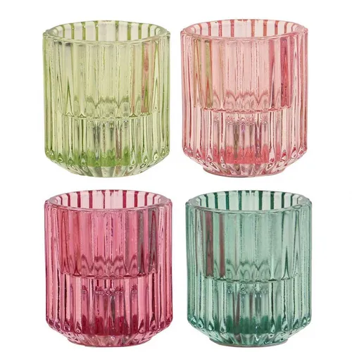 Windlicht Glas Geriffelt Teelichthalter Set 4 Farben Ø5,5cm H6cm Dekoration, 4