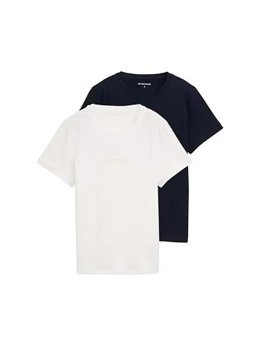 TOM TAILOR T-Shirt (2er-Pack) mit Logo Schriftzug, Gr. S, sky captain blue - Modisches Damen-T-Shirt im 2er-Pack von TOM TAILOR, taillenbedeckend und aus geschmeidigem Jersey für optimalen Komfort und Bewegungsfreiheit.