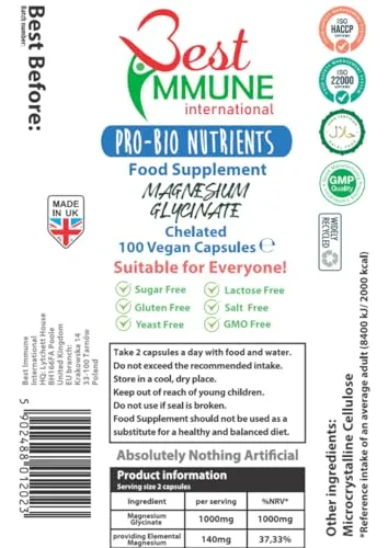 Best Immune International Natürliches Magnesiumglycinat 500 mg 100 Vegane Kapseln in Öko-Verpackung