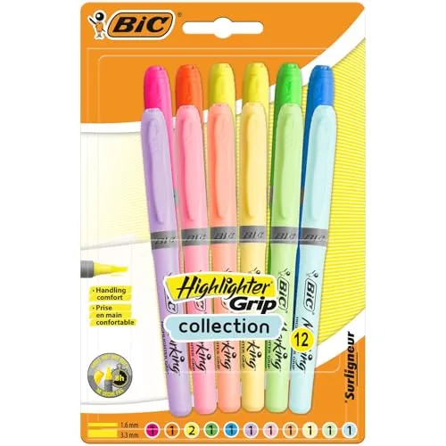 BIC Highlighter Grip Textmarker mit abgeschrägter Spitze, verstellbar, Farben in intensiven und Pastelltönen, sortiert, 12 Stück
