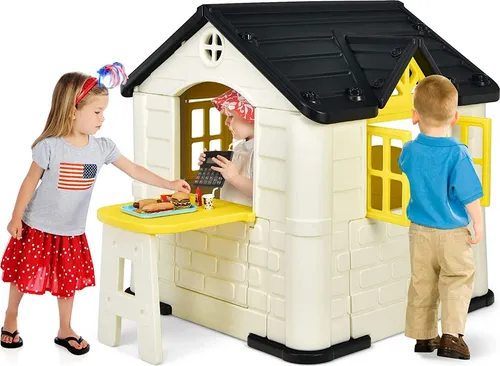 COSTWAY Kinder Spielhaus mit Pickniktisch und Spielzeugset (Gelb)