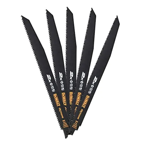 Dewalt EXTREME Bi-Metall Säbelsägeblätter DT2314L - 5 Stück - Säbelsägeblätter für schnelle, grobe Schnitte in Hart- & Weichholz mit Nägeln. Innovative Zahngeometrie sorgt für hohe Lebensdauer und effektiven Materialabtrag.