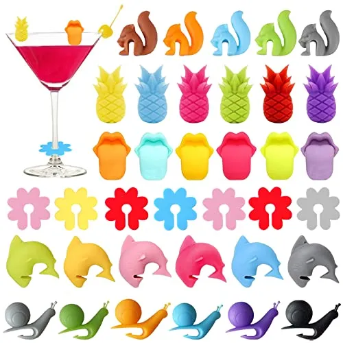 AMANMAN Glasmarker Silikon 36 Stück - Bunte, wiederverwendbare Glasmarkierer für jede Party - Glasmarkierer & Anhänger - 36 bunte Silikonmarker in 6 Designs, um Weingläser einfach zu kennzeichnen und eine festliche Atmosphäre zu schaffen.