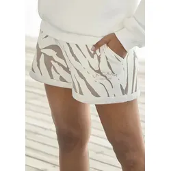 Relaxshorts LASCANA, Damen, Gr. 44/46, N-Gr, beige (beige, taupe), Sweatware, Obermaterial: 60% Baumwolle, 40% Polyester, bestickt, gemustert, bequem kurz, Hosen, mit seitlichen Taschen und Logostickerei, Loungewear