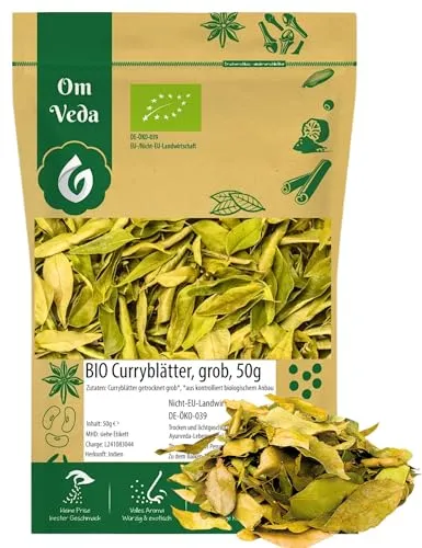 BIO Curryblätter 50g | Curry Blätter | Getrocknete Curryblätter ganz grob | Curry Leaves | Indische Ayurveda Küche | Organic Bio-Qualität DE-ÖKO-039 | OmVeda
