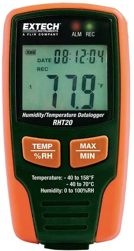 Extech RHT20 Luftfeuchtigkeits- und Temperaturdatenlogger - Feuchtigkeitsmessgerät mit USB-Schnittstelle für einfache Datenübertragung und programmierbaren Alarmschwellen. Ideal für Lager und temperaturkontrollierte Räume.
