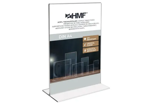 HMF Bilderrahmen Acryl Tischaufsteller DIN A4, Doppelseitiger, für 1 Bilder (1 St), T-Ständer Aufsteller, Hochformat, Glasklar