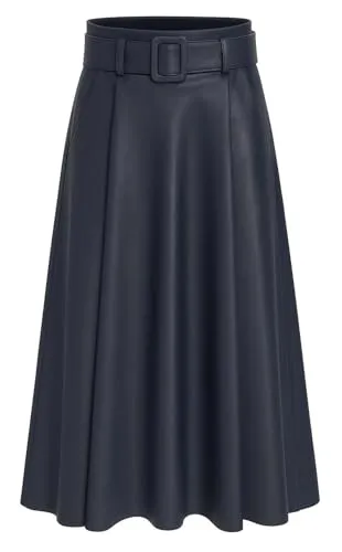 Mississhop 401 Damen A-Linien Rock mit Gürtel – Dunkelblau aus Kunstleder - Eleganter Damenrock in A-Linien-Form aus hochwertigem Kunstleder. Mit elastischem Bund für eine flexible Passform (Größe S bis L). Ideal für Business und Freizeit, vielseitig kombinierbar.