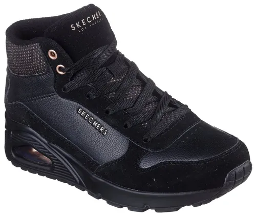 Skechers Damen Street UNO Stacre Shine Sneaker 177181 BBK Schwarz - Größe 39 EU - Sneaker für Damen mit glänzendem Obermaterial und Air-Cooled Memory Foam Innensohle für optimalen Komfort. Ideal für Freizeit und stylische Streetwear-Looks.