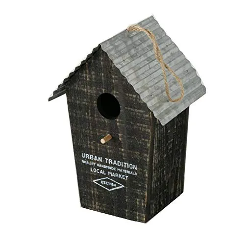 CasaJame Vogelhaus mit Zinkdach, handgefertigtes Holz, urbanes Design, Nistkasten für Garten und Balkon, schwarz, 15x12x22cm