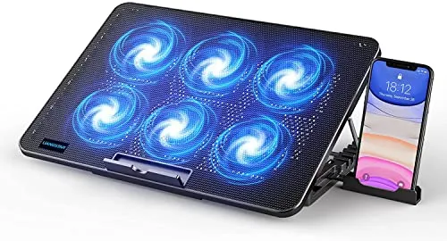LIANGSTAR Kühler, 6 Leise Fans Gaming Cooler Kühlpads, 7 Höhenverstellbar & Handyständer, 2 USB Ports & Einstellbarer Geschwindigkeit, Laptop Lüfter für Notebook Bis 17 Zoll (Blau)