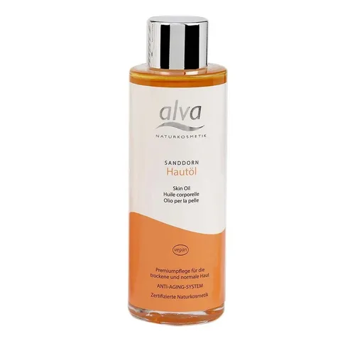 Alva Körperöl Sanddorn - Hautöl 100ml - Körperöl mit Bio-Sanddornöl, ideal als After-Sun-Pflege für eine langanhaltende Bräune und zur Bekämpfung von Hautalterung. Reich an natürlichen Ölen und Vitamin E.