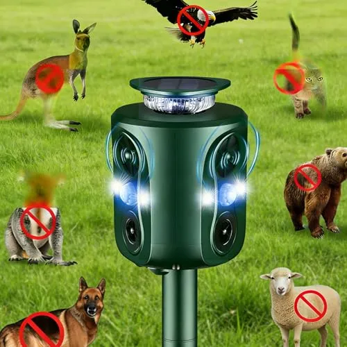 Tiervertreiber Solar Ultraschall, 360° Mardervertreiber mit LED Blinklicht, 5 Modi Katzenvertreiber IP66 Wasserdicht, Garten Tierabwehr für Katzen, Marder, Waschbären, Hunde & Mäuse