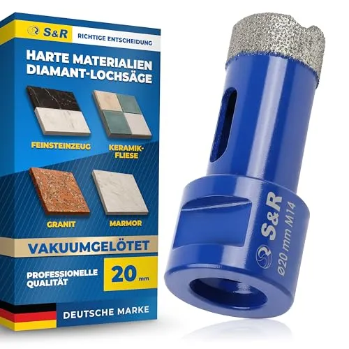 S&R Professional Diamant Fliesenbohrer 20 mm, Lochsäge für Fliesen M14 Gewinde, Diamant Bohrer Fliesen, Vakuum Gelötete Bohrkrone Winkelschleifer für Keramik, Feinsteinzeug, Granit, Marmor, Porzellan