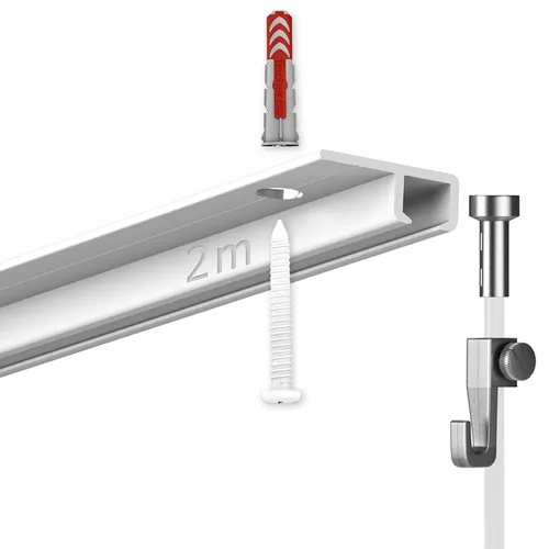 Decken Bilderschienen Set 2 m - Galerieschiene für Deckenmontage - Bilderrahmen für moderne Wohnräume, aus langlebigem Aluminium, ideal zur flexiblen Rahmung und Präsentation von Kunstwerken in jedem Zimmer.