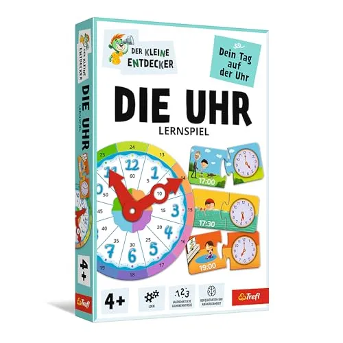 Trefl Die Uhr – Lernspiel für kleine Entdecker - Gesellschaftsspiel für Kinder ab 4 Jahren, fördert das Verständnis für Tageszeiten und Planungsfähigkeiten. Ideal für 1-4 Spieler, mit beweglicher Uhr und 16 Puzzle-Kartons.