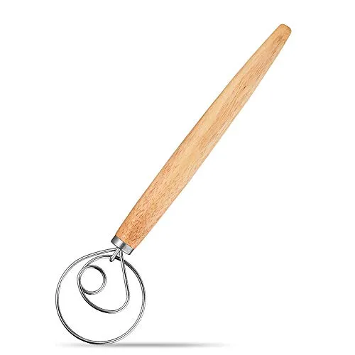 PIQIUQIU Danish Dough Whisk Schneebesen aus Edelstahl mit Holzgriff, hochwertiger Rührstab und Rührstab für Gebäck, Pizza