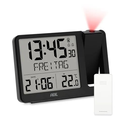 ADE Digitaler Funkwecker mit Projektion und Außensensor - Projektionsuhr mit schwenkbarem Arm für klare Uhrzeit- und Temperaturprojektion. Zwei Weckzeiten und Snooze-Funktion für optimale Nutzung im Schlafzimmer.