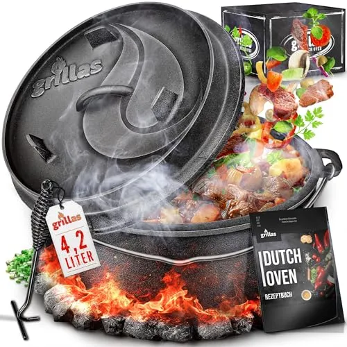 grillas Grilltopf grillas Dutch Oven Set mit Deckelheeber BBQ Gusseisen Feuertopf Gussto, Gusseisen (Dutch Oven Set), Henkel