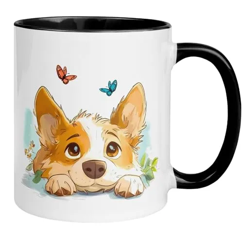 Hund Tasse süß mit Corgi Motiv | Lustige Tier Tasse mit Hund Illustration & Schmetterlingen | Niedlicher Kaffeebecher für Kinder Frauen Männer | Geschenkidee für Hundefans Büro Zuhause Frühstück