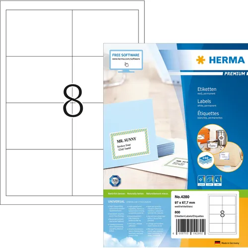 Herma Universaletiketten 4280 Premium, weiß, 97 x 67,7mm - Etiketten für alle gängigen Drucker, ideal für Seriendruck und größere Aufträge. Starke Klebkraft und nachhaltig produziert. Perfekt für Internetmarke geeignet.