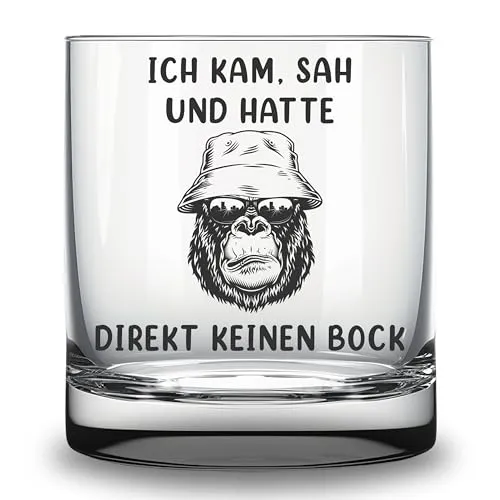 Trinkglas mit Gravur Ich kam, sah, und hatte direkt keinen Bock – Lustiges Glas mit Gorilla-Motiv, witziges Geschenk für Kollegen, Freunde oder Partner – 0,25 L