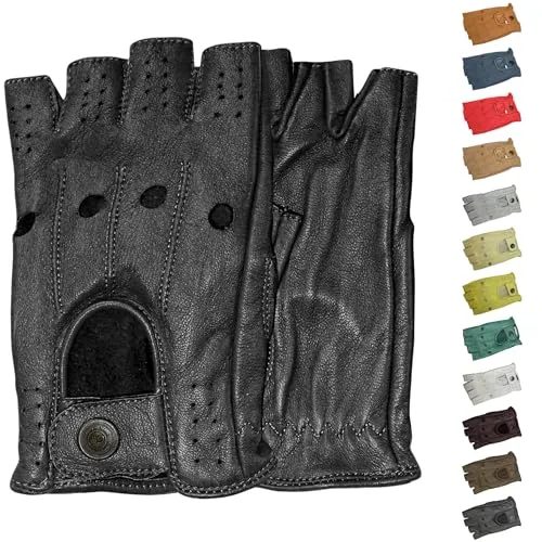 German Wear Driving Halbfinger Handschuhe - Fingerlose Lederhandschuhe für Autofahrer, 10=XL, Schwarz - Hochwertige halbfinger Lederhandschuhe aus weichem Lamm-Nappaleder, ideal für Autofahrer. Retro-Design mit Druckknopfverschluss für optimalen Tragekomfort.