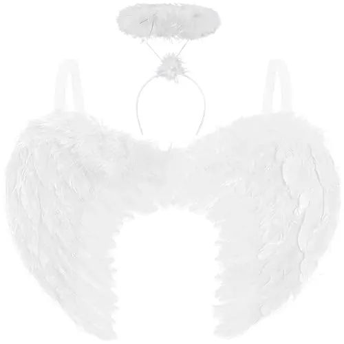 Engel Kostüm Damen mit Engelsflügel und Heiligenschein – Halloween Partnerkostüm – Engelskostüm Damen und Kinder – Flügel Kostümset als Weihnachtsengel oder für Fantasy, Karneval, Fasching