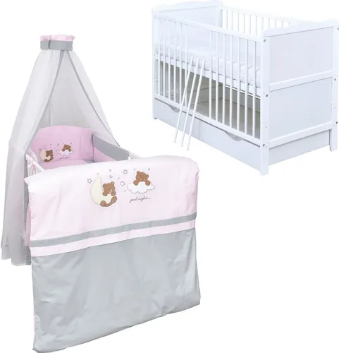 Baby-Delux Babybett Jack 140×70 weiß - Kombiniertes Kinderbett aus stabilem Kiefernholz inkl. Schublade, 3-fach höhenverstellbarem Lattenrost und komplettem Bettwäsche-Set mit süßer Stickerei für einen traumhaften Schlaf.