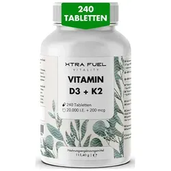 Vitamin D3 K2 Kapseln 20000 IE - Hochdosierte 240 Kapseln für starke Knochen - Vitamin D Präparate mit 20000 IE D3 und 200 mcg K2 MK7 pro Kapsel, unterstützt Immunsystem und Knochenstärke, laborgeprüfte Qualität ohne Zusatzstoffe.