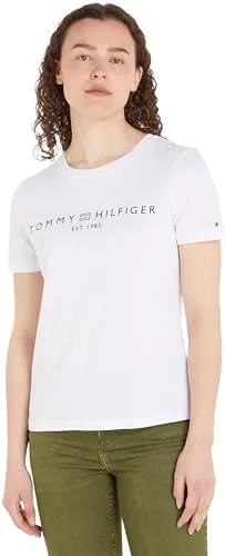 Tommy Hilfiger Damen T-Shirt Kurzarm Logo, Weiß (Th Optic White), M - T-Shirts für Damen: Bequemes Basic Shirt aus 100% Baumwolle mit Tommy Hilfiger Logo, ideal für Freizeit und Büro, bietet optimalen Tragekomfort.