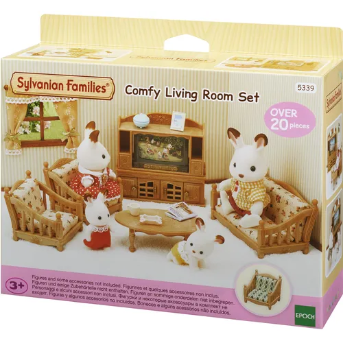 Sylvanian Families 5339 Landhaus Wohnzimmer - Puppenhaus Einrichtung Möbel, handbemalte Figuren und detailreiche Ausstattung für kreatives Spielen