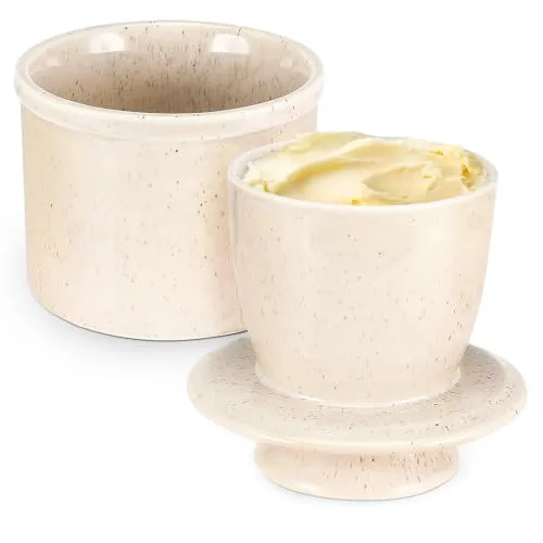 Pavlleen Keramik Butterdose,Französische Butterdose mit Wasserkühlung,keramische butterglocke für streichfähige Butter,Butterglocke mit Deckel - Gesprenkeltes Weiß