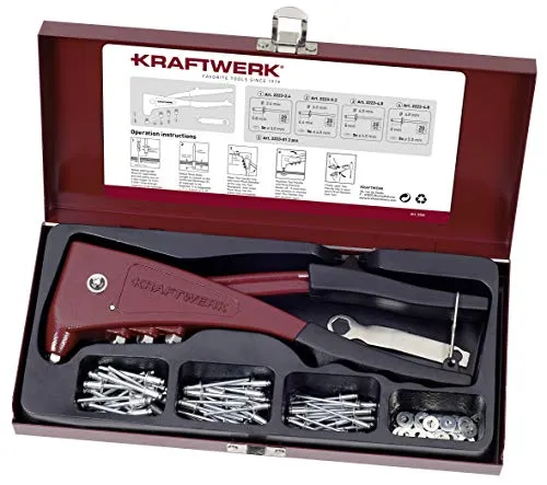 Kraftwerk Handnietzangen-Satz - Werkzeug-Sets mit 4 verschiedenen Dornaufnahmen und 80 Blindnieten in einer robusten Metallkassette für präzises Arbeiten und einfache Handhabung.