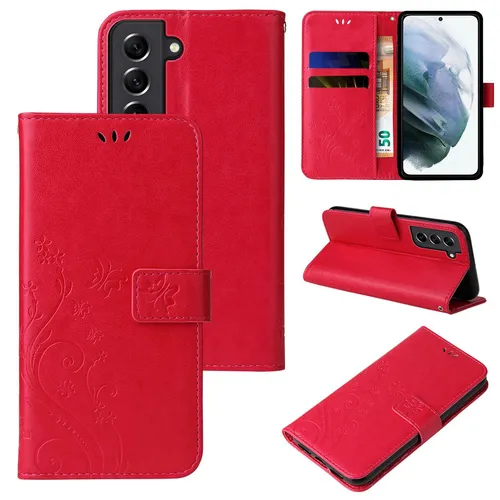 Handy Tasche für Samsung Galaxy S21 & S21 5G Handyhülle Blumen Cover Buch Rot