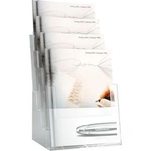 Helit Prospekthalter H23524-02, Tischprospekthalter für 4 x A4 - Werbeartikel, stabiler Tischprospekthalter aus transparentem Kunststoff, ideal für die übersichtliche Präsentation von Informationen in Büros oder Empfangsbereichen.